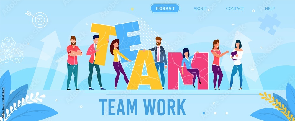 Fotografie Team Work Metaphor Landing Page in Flat Style