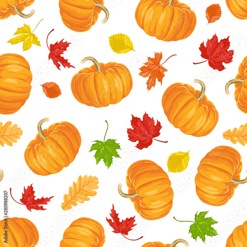 Autumn seamless pattern. Orange pumpkins and colorful falling leaves on a white background. Vector illustration in cartoon flat simple style.