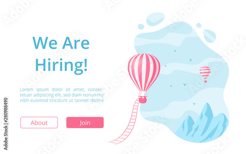 Hot air balloon and hiring message landing page vector illuatration. Job offer website page template with red hot air balloon on blue mountain landscape with web menu for team vacancy job offers