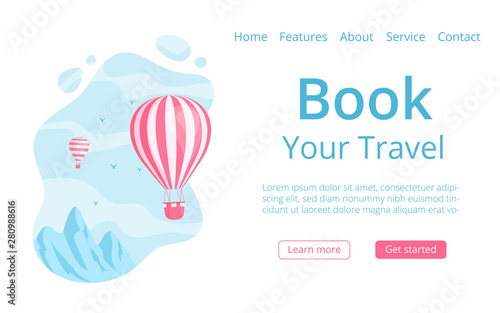 Online travel booking landing web page concept vector illustration. Red hot air balloon with blue mountain landscape on website page template for online service adventure booking or social media promo