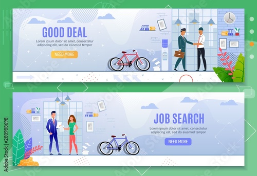 Good Deal and Job Search Cartoon Banner Flat Set