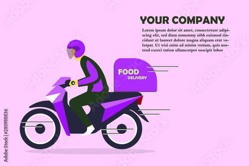 Icon or cartoon character flat style of motorcycle rider, transportation, courier, food delivery services for banner, poster advertising or promotion design. copy space.