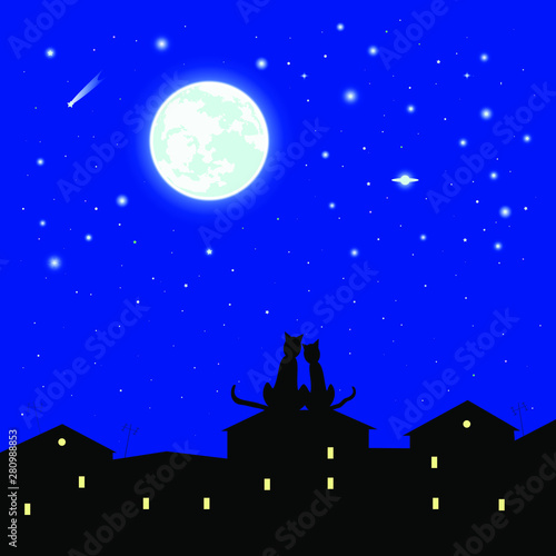 vector full moon. glowing halo. comets and planets. starry sky. roofs of houses. cat on the roof. can be used as a background  postcard  pattern on clothes  scrapbooking  book illustration