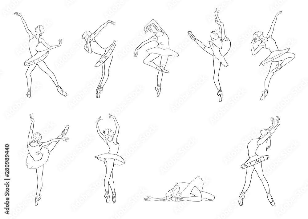 Ballerina in ballet tutu and pointe shoes on her toes. Set of classical dancer silhouette in elegant pose. Hand drawn outlines. Black lines drawing. Abstract vector isolated contour. Ballerina in ballet tutu and pointe shoes on her toes. Set of classical dancer silhouette in elegant pose. Hand drawn outlines. Black lines drawing. Abstract vector isolated contour.