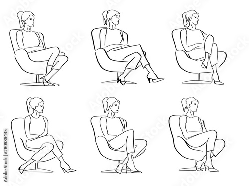 Set of young women sitting in armchair in a closed pose. Silhouette of the interviewer, interviewee, correspondent, questioner or TV host. Hand drawn outlines. Black lines drawing. Vector contour.
