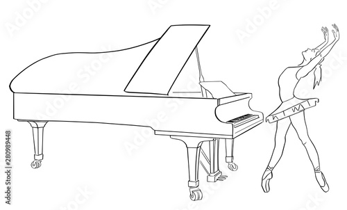 Ballerina in ballet tutu and pointe shoes on her toes dancing next to the grand piano. Classical dancer silhouette in elegant pose. Hand drawn outlines. Black lines drawing. Abstract vector contour.