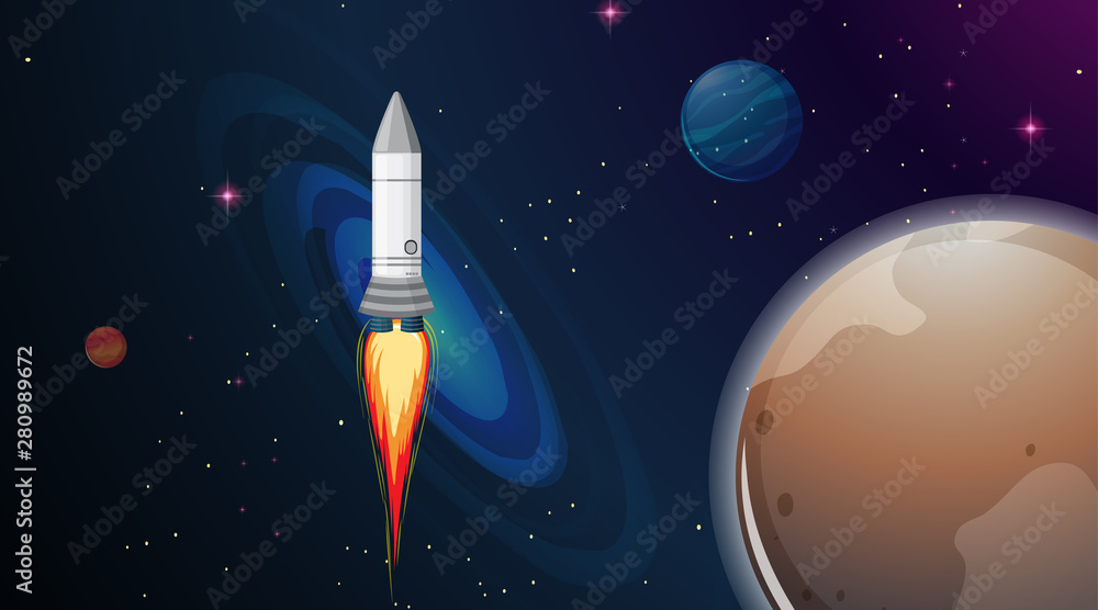 Naklejka premium Rocket and planet scene