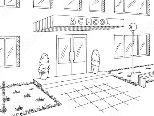 School exterior building graphic black white sketch illustration vector