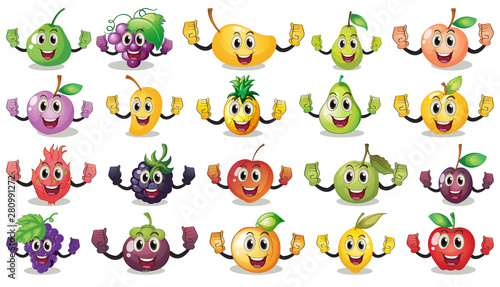 Set of different happy fruits