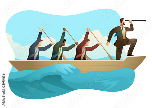 Businessmen rowing a boat on unfriendly water