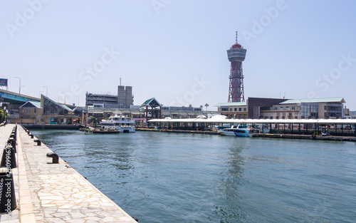 Panorama of Hakata Port and lattice Port Tower in Fukuoka, Japan, Asia. © unununius
