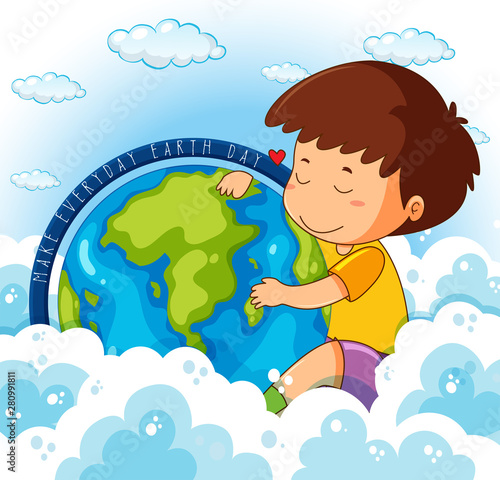 Cute boy hugging earth