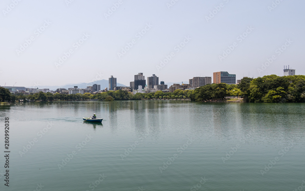 Ohori Park with pond and Skyline in the background. Chuo-ku, Fukuoka, Japan, Asia.