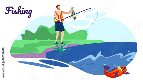 Fisherman Stand with Rod on Coast Have Good Catch