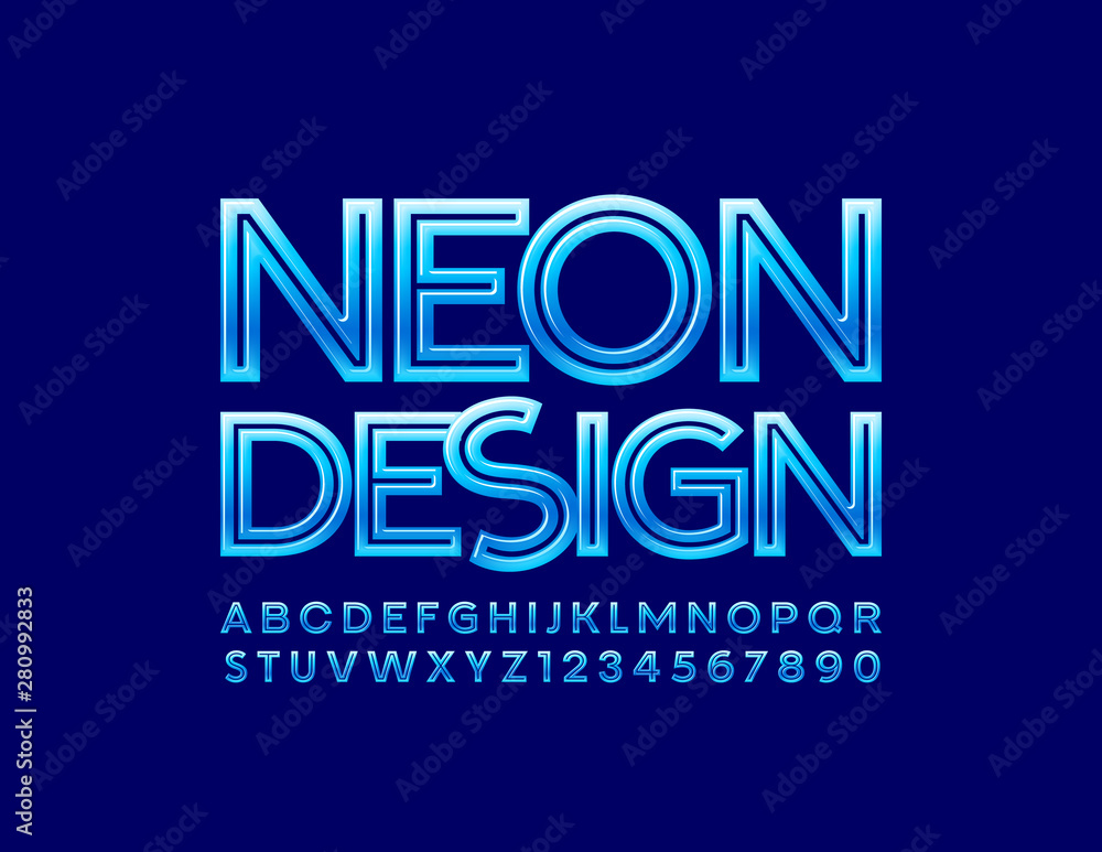 Vector stylish Neon Fedign Font. Blue Uppercase Alphabet. Shiny creative Letters and Numbers Vector stylish Neon Fedign Font. Blue Uppercase Alphabet. Shiny creative Letters and Numbers