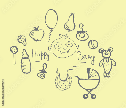 Baby set hand-drawn doodle. Stroller, soother, teddy bear, nipple, toys, sweets. Vector color contour illustration.