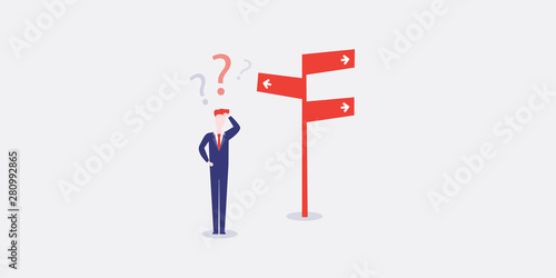 Business Decision Design Concept - Businessman Standing in Front of a Road Sign - Eps10 Vector Illustration
