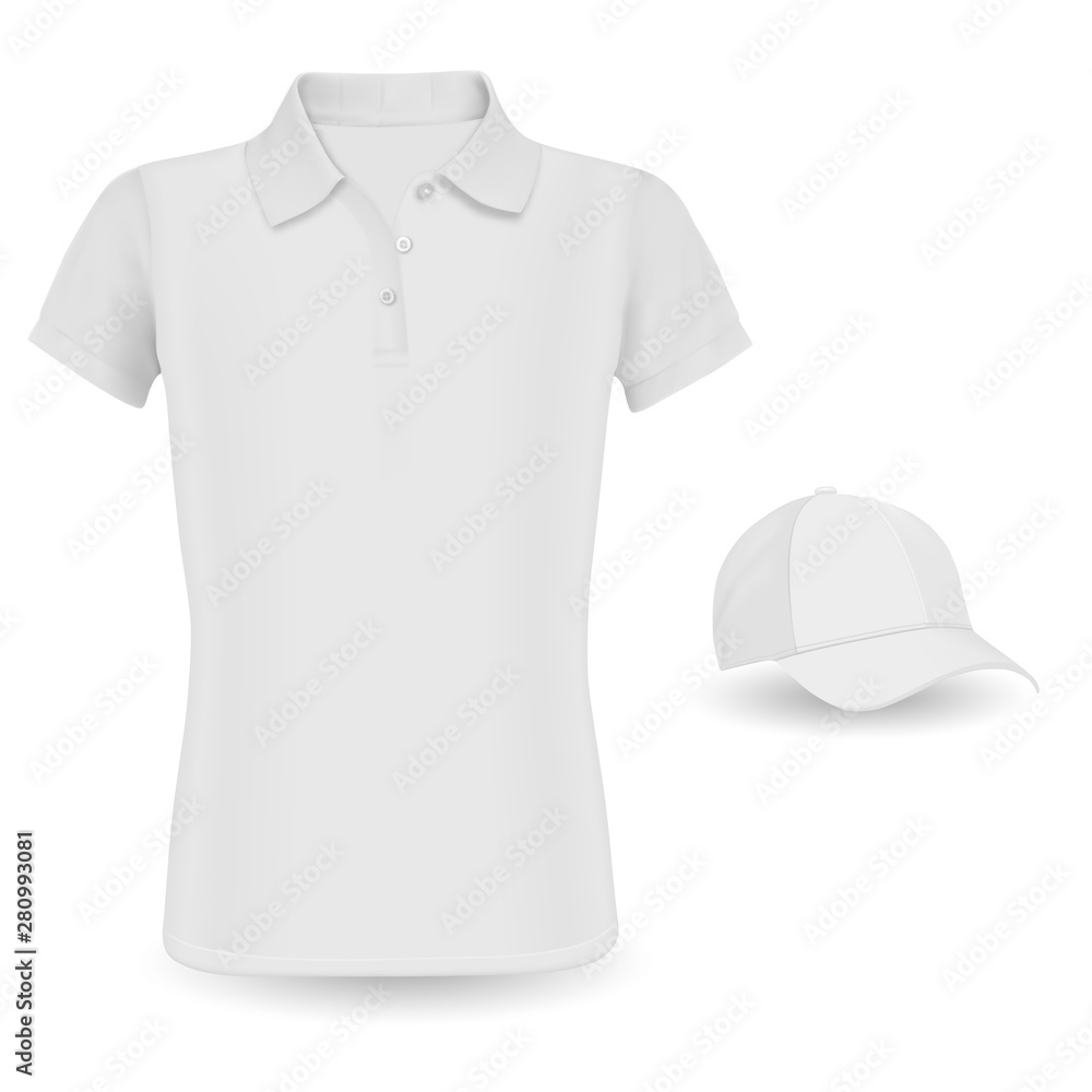 Polo Shirt Mockup. White Vector Tshirt and Baseball Cap Template isolated  on Background. Shirt with Collar and Visor Hat Casual Clothing  Illustration. Realistic Wear Outfit Short Sleeve Polo Promotion vector de  Stock |
