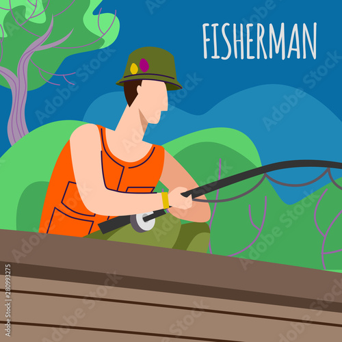 Man Fishing in Boat on Lake or River at Summer Day
