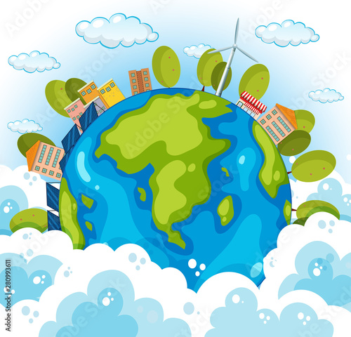 Earth with houses and trees in sky