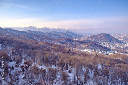 View of Moiwa ropeway from the base of the mountain to the top in winter season