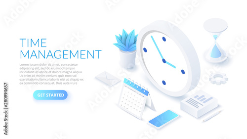 Isometric time management banner with character and text place. Job schedule optimization concept.
