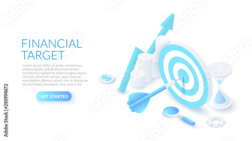 Busines strategy concept with target and chart. Landing page template. 3d isometric vector illustration.