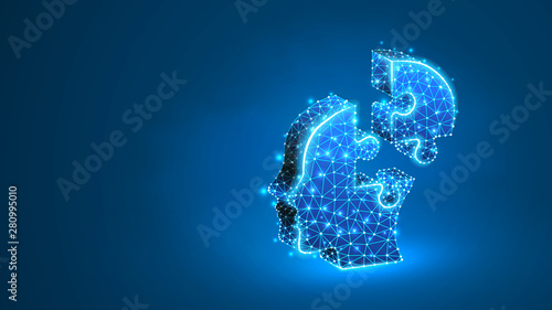 Head Jigsaw Puzzle silhouette. Autism problem, education process, human face concept. Abstract, digital, wireframe, low poly mesh, Raster blue neon 3d illustration. Line dot