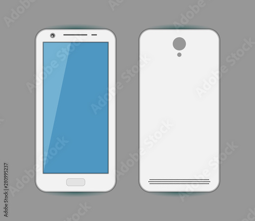 Phone mockup with blank screen. Back and front view realistic on gray background