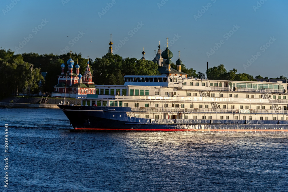 Cruise ship on the Volga River near the town of Uglich in Russia
