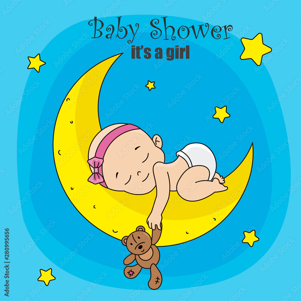 baby shower card. Baby girl sleeping on the moon with teddy bear Stock ...
