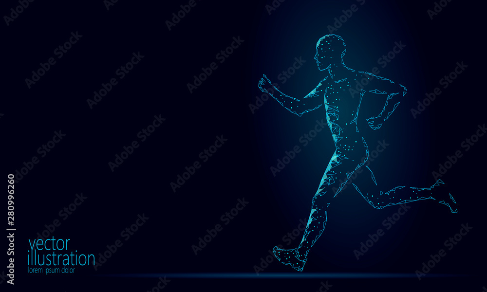 Sportsman run exercise fitness healthy lifestyle concept. Low poly man silhouette jogging fit marathon. Muscular body shape workout vector illustration