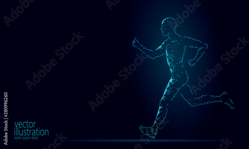 Sportsman run exercise fitness healthy lifestyle concept. Low poly man silhouette jogging fit marathon. Muscular body shape workout vector illustration © LuckyStep