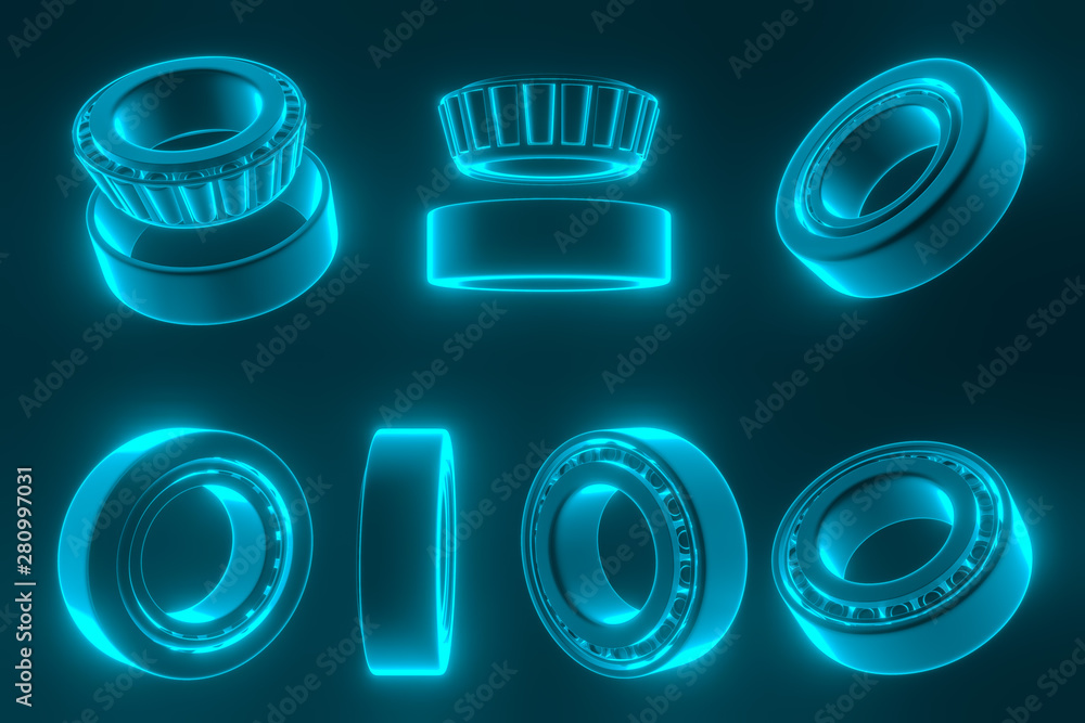 3D rendering. Automotive bearings auto spare parts. Tapered roller bearing isolated on a blue background. Wheel bearing for truck, heavy duty and car. 3D rendering. Automotive bearings auto spare parts. Tapered roller bearing isolated on a blue background. Wheel bearing for truck, heavy duty and car.