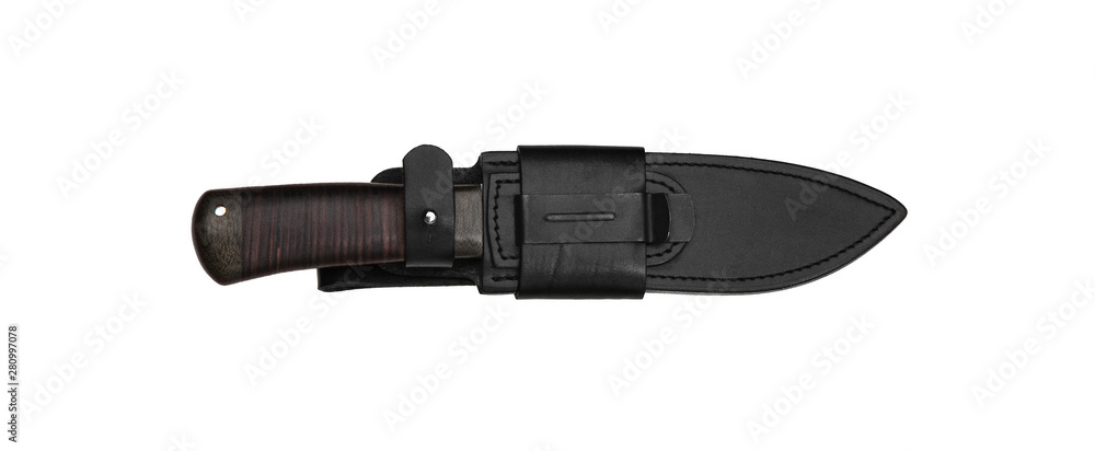 Hunting knife with wooden handle and leather case isolated on white Hunting knife with wooden handle and leather case isolated on white