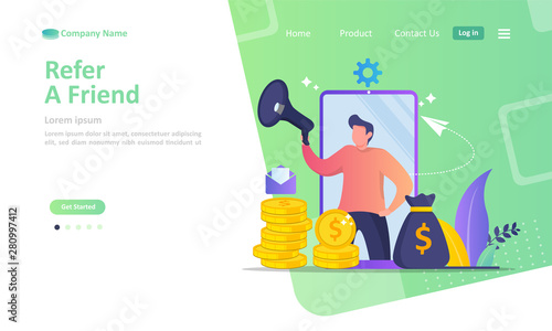 Refer A Friend Concept Design, People share info about referral and earn money. Suitable for web landing page, ui, mobile app, banner template. Vector Illustration