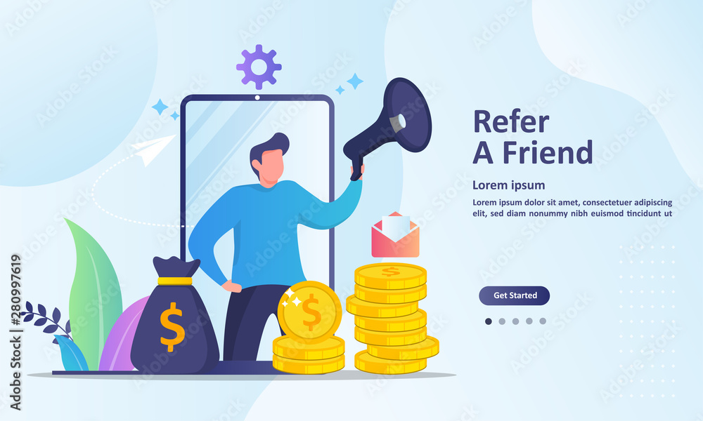 Refer A Friend Concept Design, People share info about referral and earn money. Suitable for web landing page, ui, mobile app, banner template. Vector Illustration