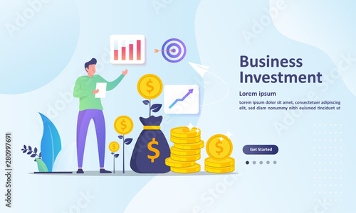 Business investment concept, growing a successful financial, chart increase profit, Suitable for web landing page, ui, mobile app, banner template. Vector Illustration. 
