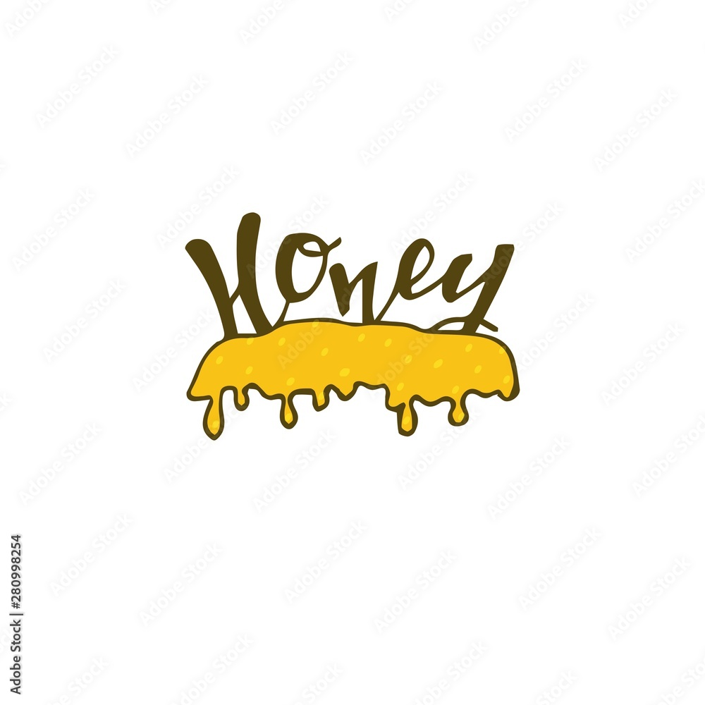 Obraz premium Honey splash dripping sweet drops from bee honeycomb poster for beekeeping honey shop or bakery. Vector design of dropping honey syrup for desserts or cafeteria and patisserie cakes. Hand drawing.
