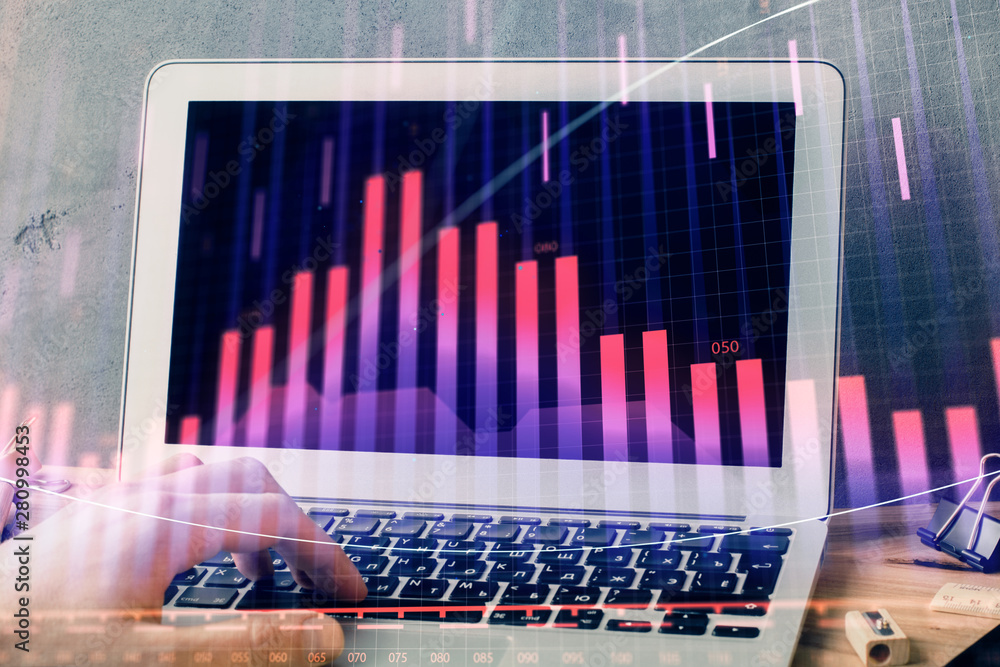 Forex graph with businessman working on laptop on background. Concept of hardworking. Multi exposure. Forex graph with businessman working on laptop on background. Concept of hardworking. Multi exposure.