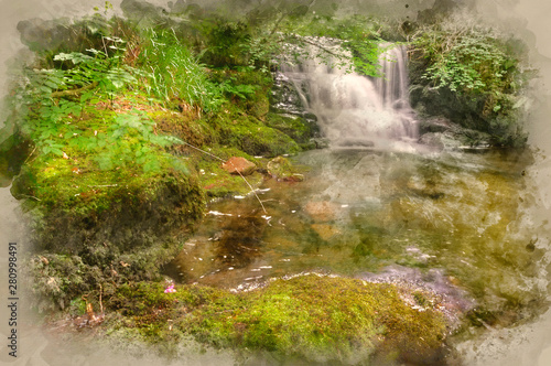 Fototapeta Naklejka Na Ścianę i Meble -  Digital watercolour painting of Lush green forest scene with waterfall flowing through and over rocks