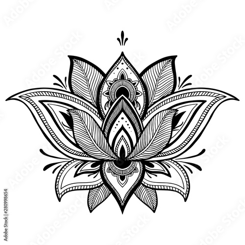 Filigree lotus flower, black vector, hand drawn