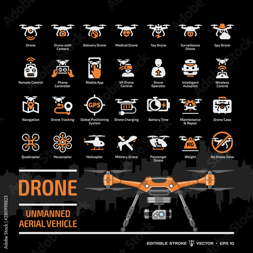 Drone unmanned aerial vehicle icon set on a black background with flat orange UAV template and symbols collection: camera, military and delivery robots, remote control, GPS navigation glyph signs.