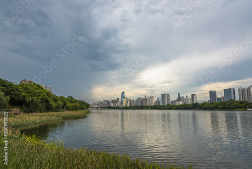 Beautiful city lakeshore architectural landscape in Nanning, Guangxi, China