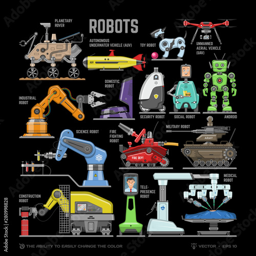 Set of colored flat isolated robots on a black background for various purposes: industrial, science, medical, construction, social, military and fire fighting machine, smart android AI tech objects.