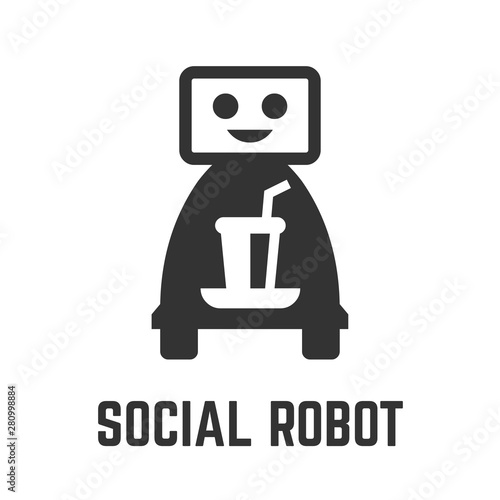 Social robot icon: glyph symbol a smart machine carrying a beverage tray for a needy person.