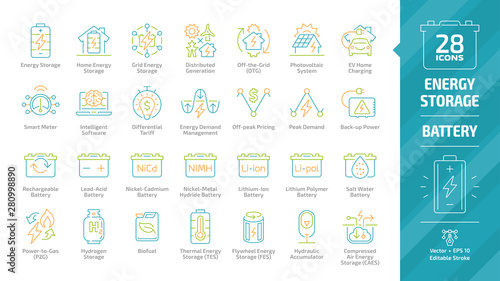 Energy storage color outline icon set with distributed generation grid, electric vehicle charging, rechargeable, lead acid, nickel & lithium ion battery, hydrogen and biofuel editable stroke line sign