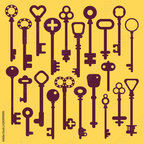 Vector set of hand-drawn antique keys. Illustration in flat style on purple background. Old gold and silver keys design © Morzan
