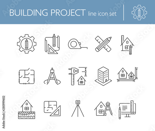 Building project line icon set. Floor plan, layout, compass, ruler. Architecture concept. Can be used for topics like engineering, measurement, construction