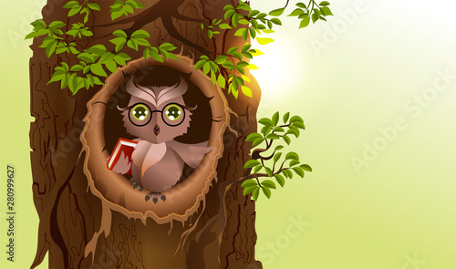 Wise owl with book in hollow of tree. Knowledge Day